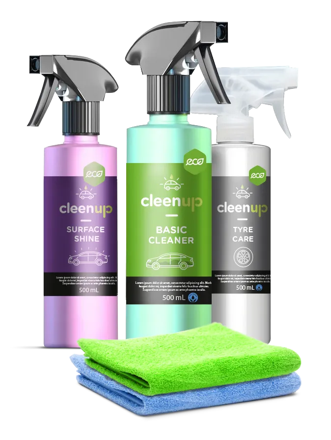 Three spray bottles of car cleaning products with microfiber cloths in front.