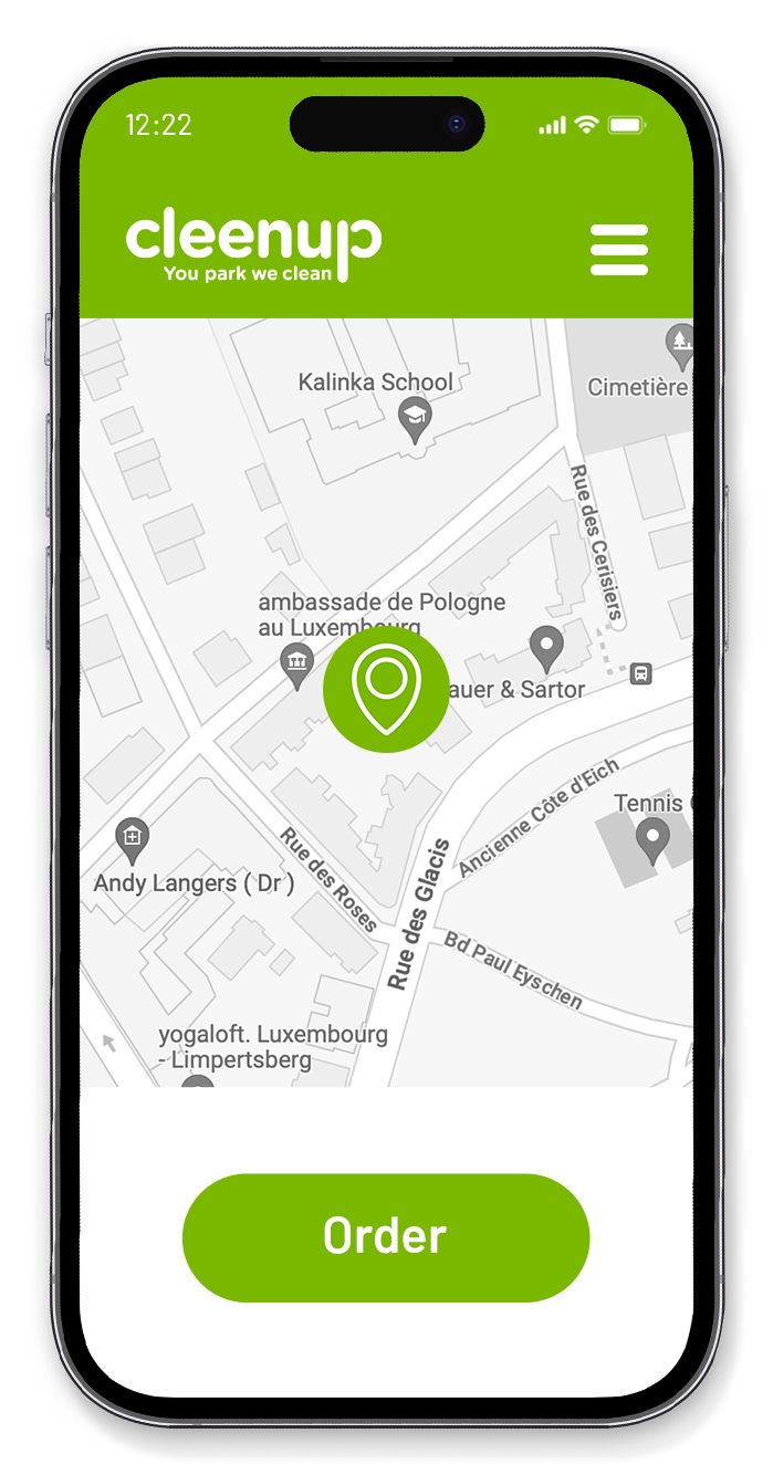 A smartphone displaying the Cleanup app with a map centered on a location and an 'Order' button at the bottom.