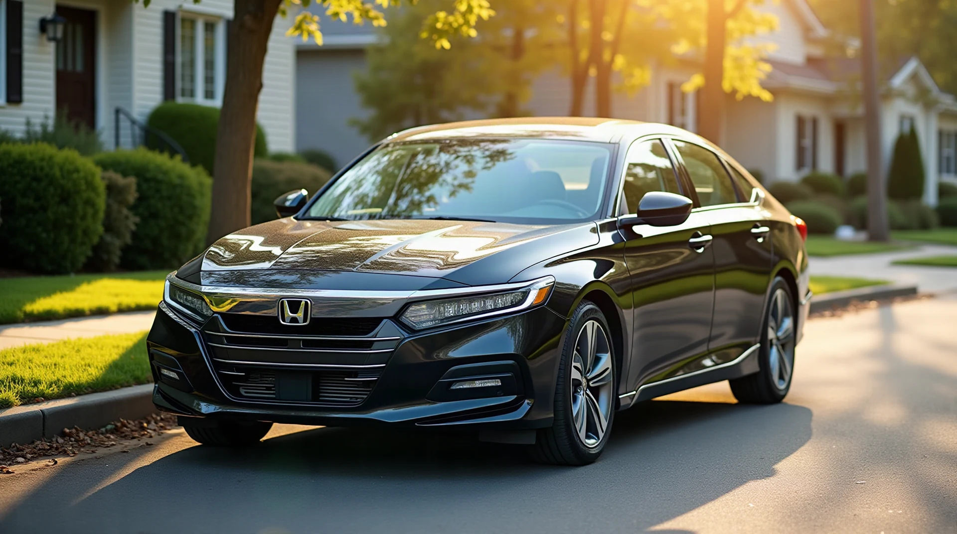 Freshly cleaned glossy dark car parked on a quiet sunny residential street, water-free shine, soft morning light, wide photographic shot, no people, no text