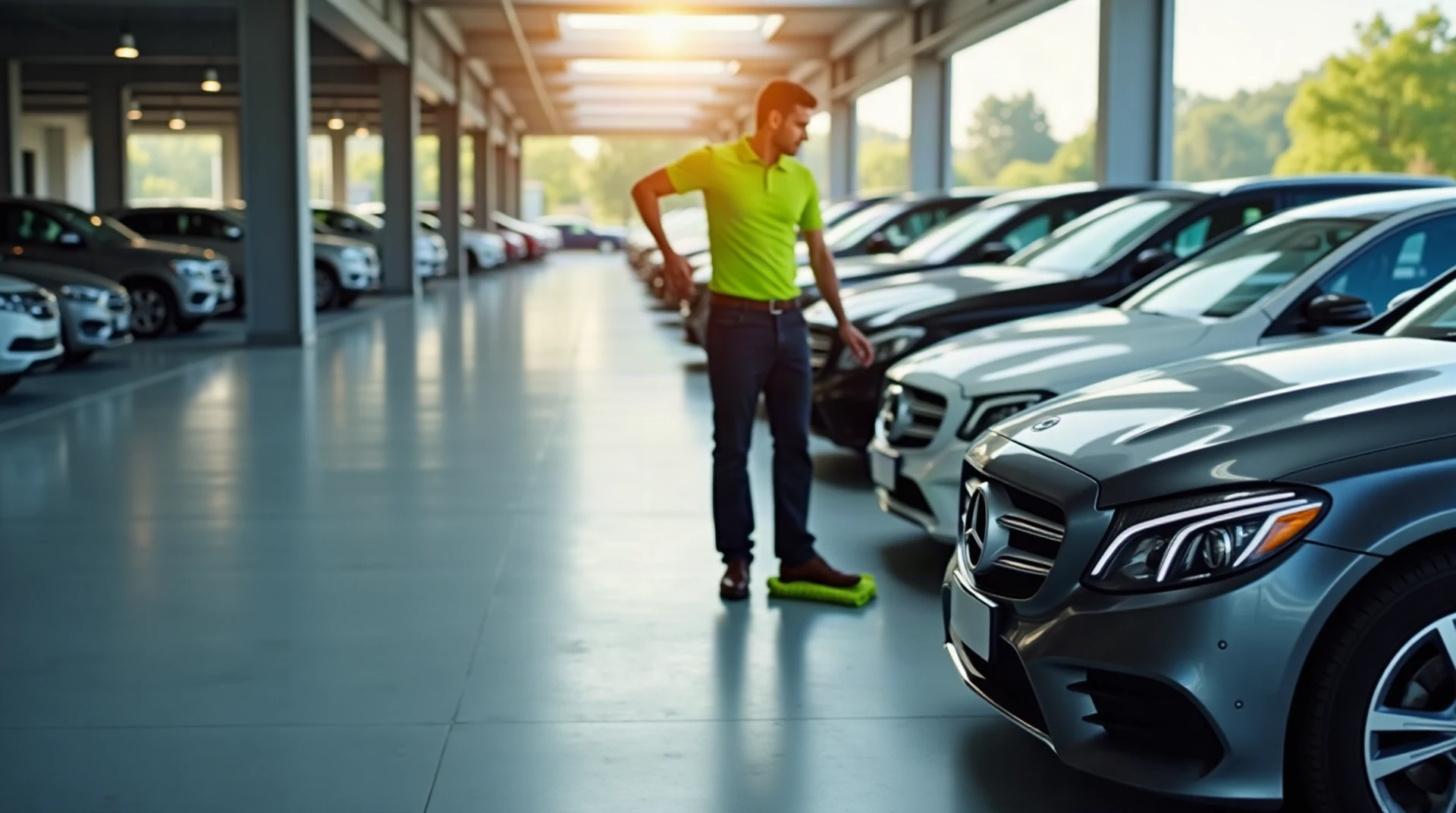 Wide sunny photo of an office parking garage with a row of clean company cars, a cleaner in a lime shirt polishing one car with a microfiber cloth, seen from be