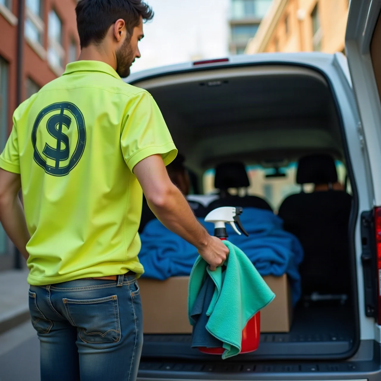 A small business owner in a lime work shirt packing microfiber cloths and spray bottles into a compact van, seen from behind, sunny street, photographic, no tex