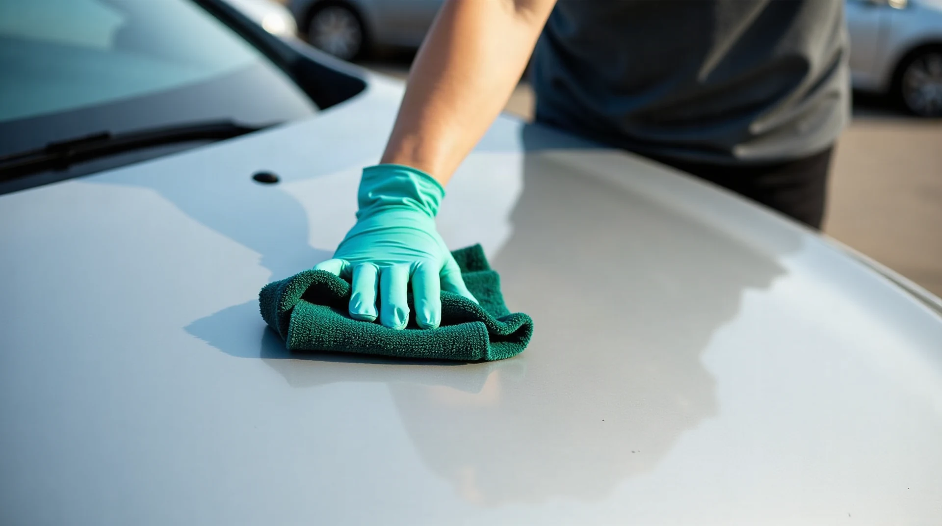 Close-up of a gloved hand wiping the glossy hood of a silver car with a green microfiber cloth in an open-air parking lot on a sunny day, shallow depth of field