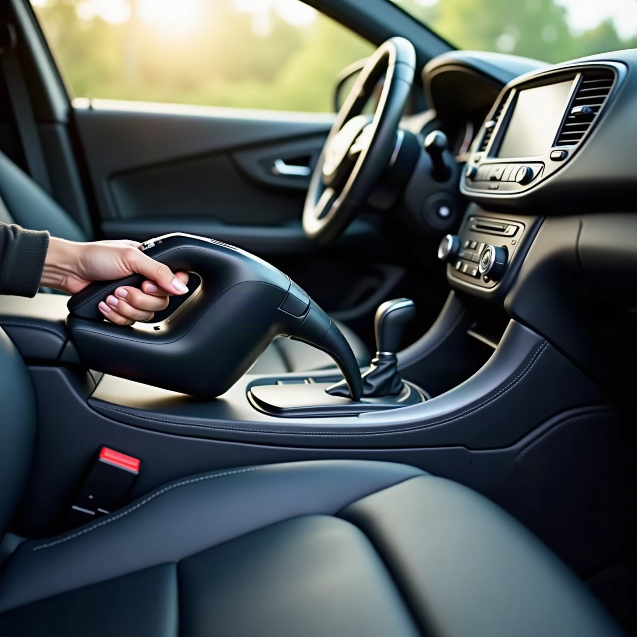 Clean car interior being vacuumed with a plain unbranded handheld cordless vacuum on the driver's footwell mat, bright daylight, no logos, no brand marks, no te