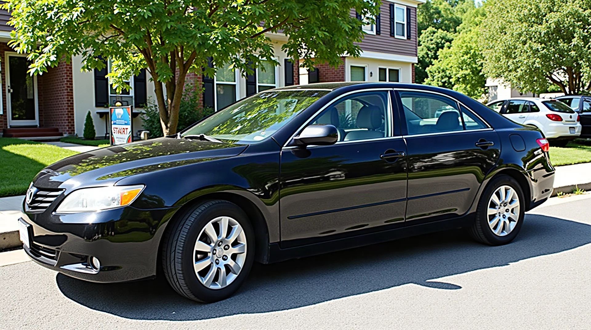 Freshly cleaned glossy dark car parked in a sunny residential street beside green trees, water-free shine, wide view, no people, no text, no logos, no license p