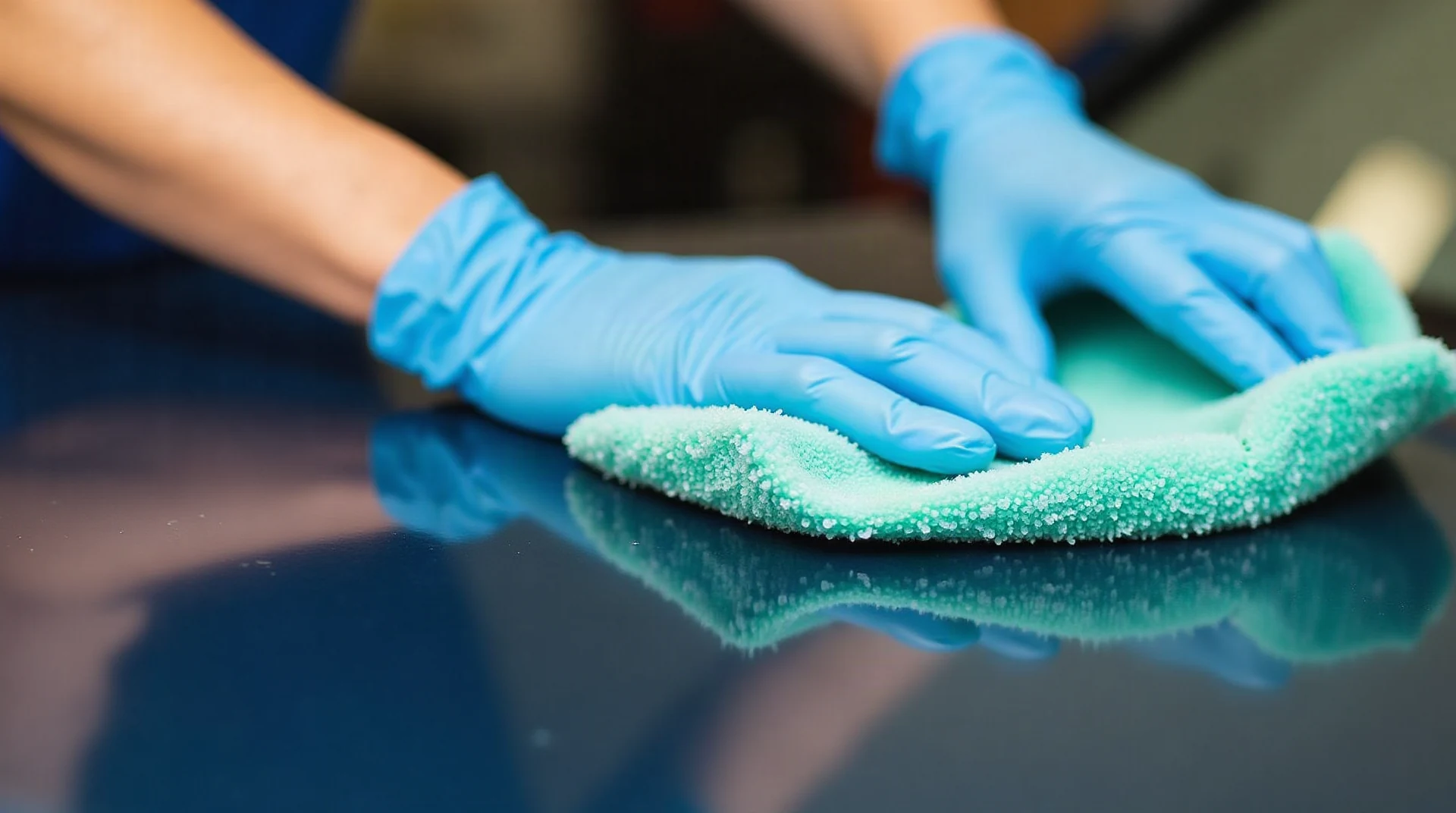 Hands in blue nitrile gloves polishing a car hood with a green microfiber cloth, beads of protective coating, shallow depth of field, photographic, no text